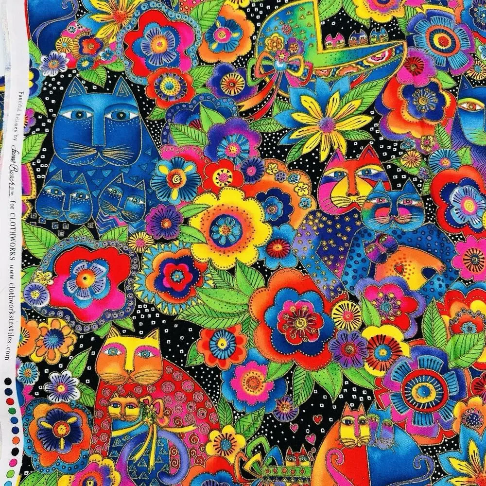 HTF RARE Fanciful Felines Laurel Burch Clothworks Cats Flowers Fabric 2 yards!